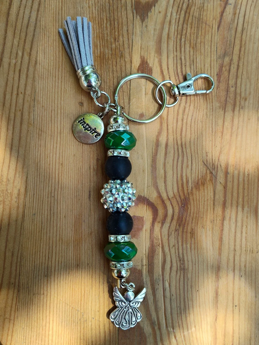 Inspirational Green & Black Bead Keychain with Tassel and Angel Charm
